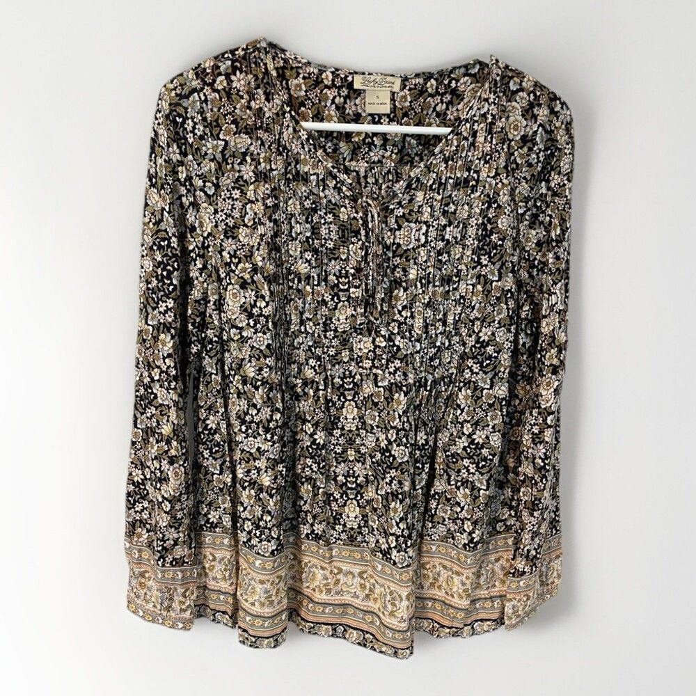 Lucky Brand Blouse Sz Small Black Tan Floral, Boho Hippie Peasant Lace Up Pleats